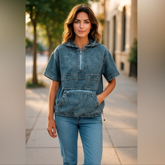 BiBi Jackets & Blazers - BIBI NEW Denim 1/4 Zip Pullover Hooded Short Sleeve Top Medium Wash NWOT